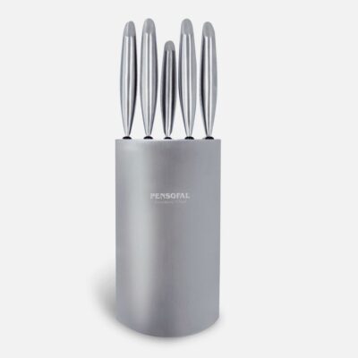 Struttura in inox con 5 coltelli con manici antiscivolo -multiuso 20 cm-pane 20cm-chef 20cm -santoku alveolato 18 cm -spelucchino 9 cm
